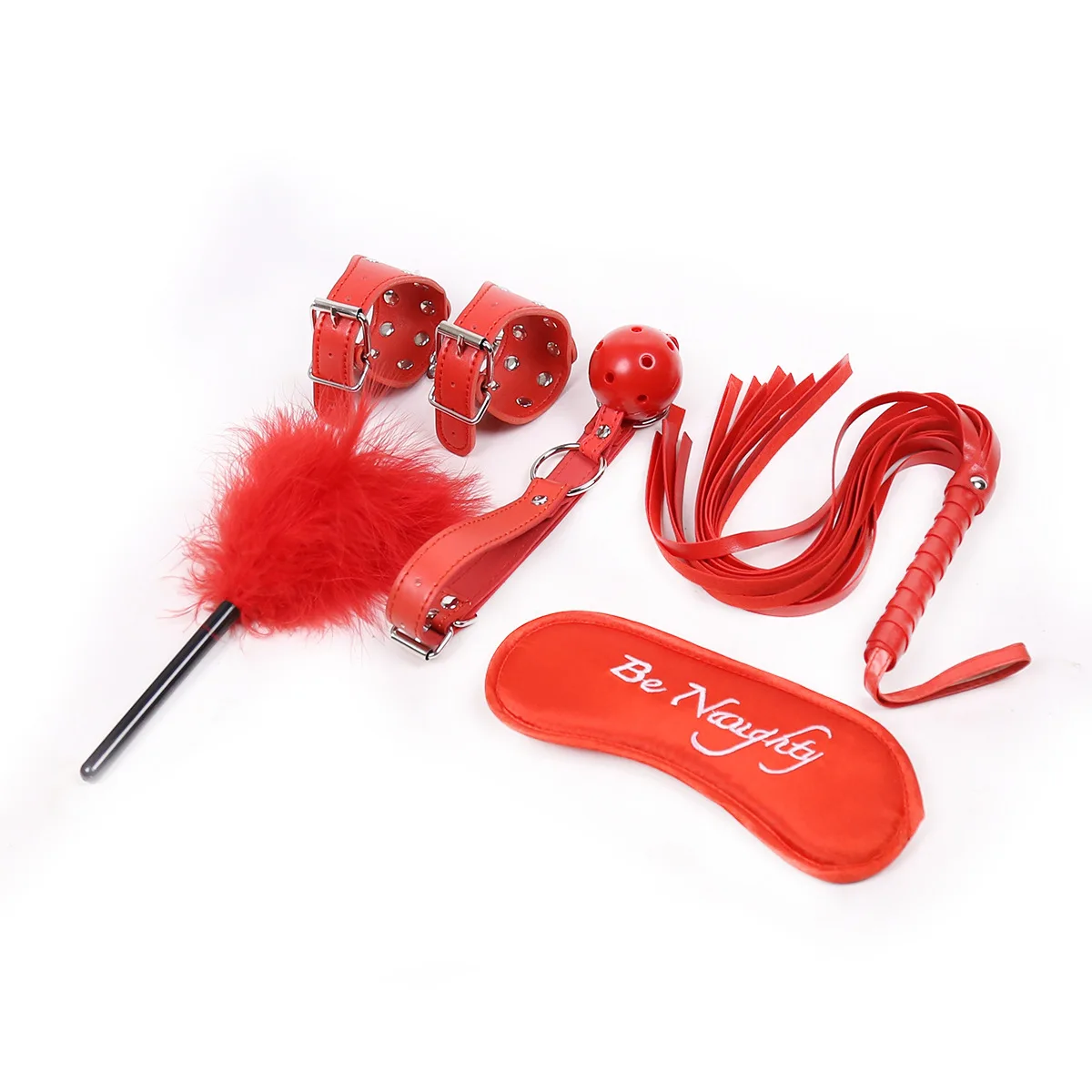 Adult SM Fun Direct Leather Five Piece Set handcuffs, eye masks, feathers, eye masks, mouth balls.