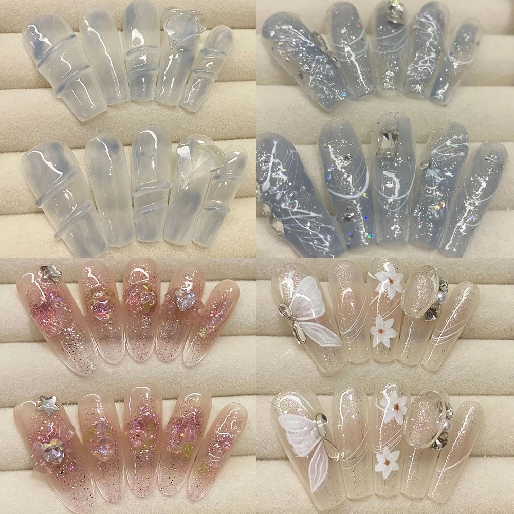 

10Pcs Handmade Nails Nude Set Press On Long Almond False Nail Gradient Color Camellia Design Reusable Full Cover Fake Nail