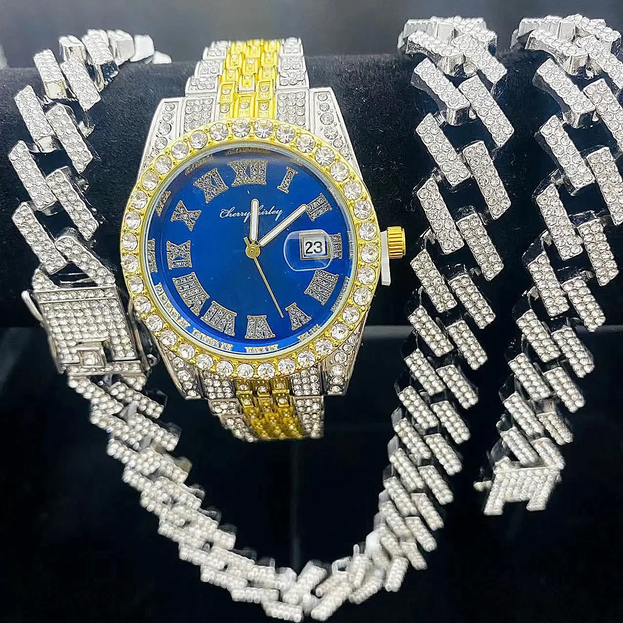

3PCS Iced Out Watches Men Diamond Gold Watch 15mm Cuban Link Chains Bracelet + Necklaces Jewelry Set Watch Men Religio Masculino