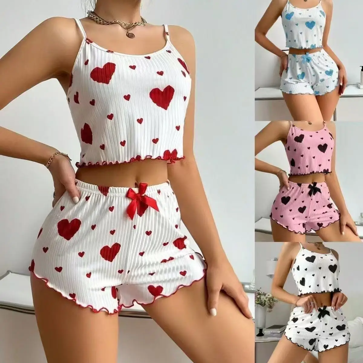 

2025 New Summer Thin Pajamas Solid Color Polyester Leisure Suit Homewear Set Sling Shorts Ladies
