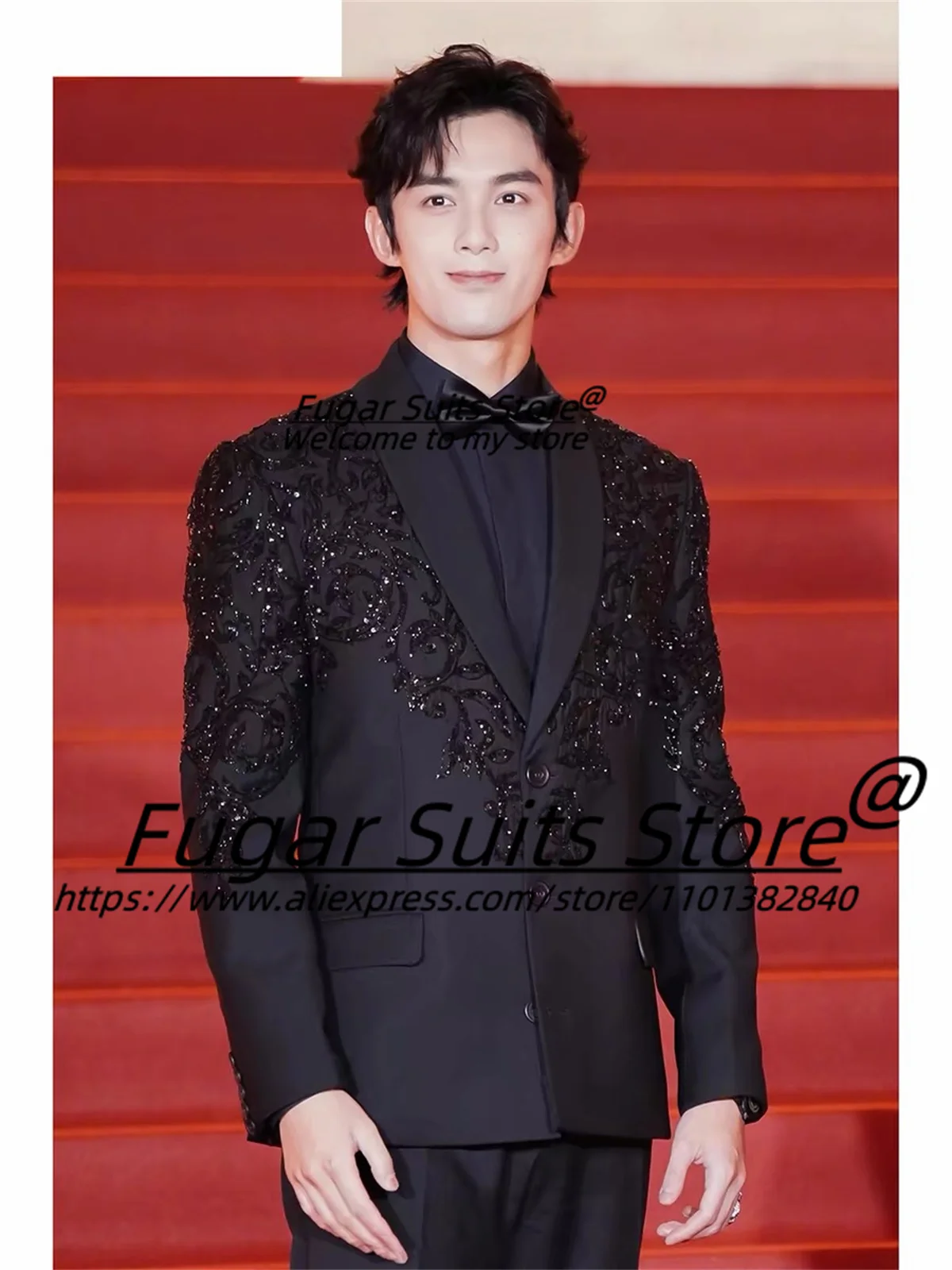 Luxuly setelan syal pria, jas tuksedo hitam elegan Slim Fit, kerah syal pengantin pria 2 potong