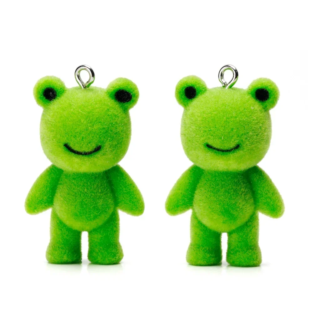 3D Fluffy Animal Doll Charms Cute Flocking Green Frog Pendant for Necklace Keychain Phone Decoration Diy Jewelry Making Supplies