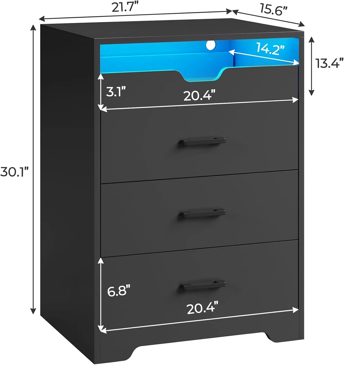 Dresser with LED Lights for Bedroom, Tall Dresser with 3 Drawers and Pull-Out Tray, Black Chest