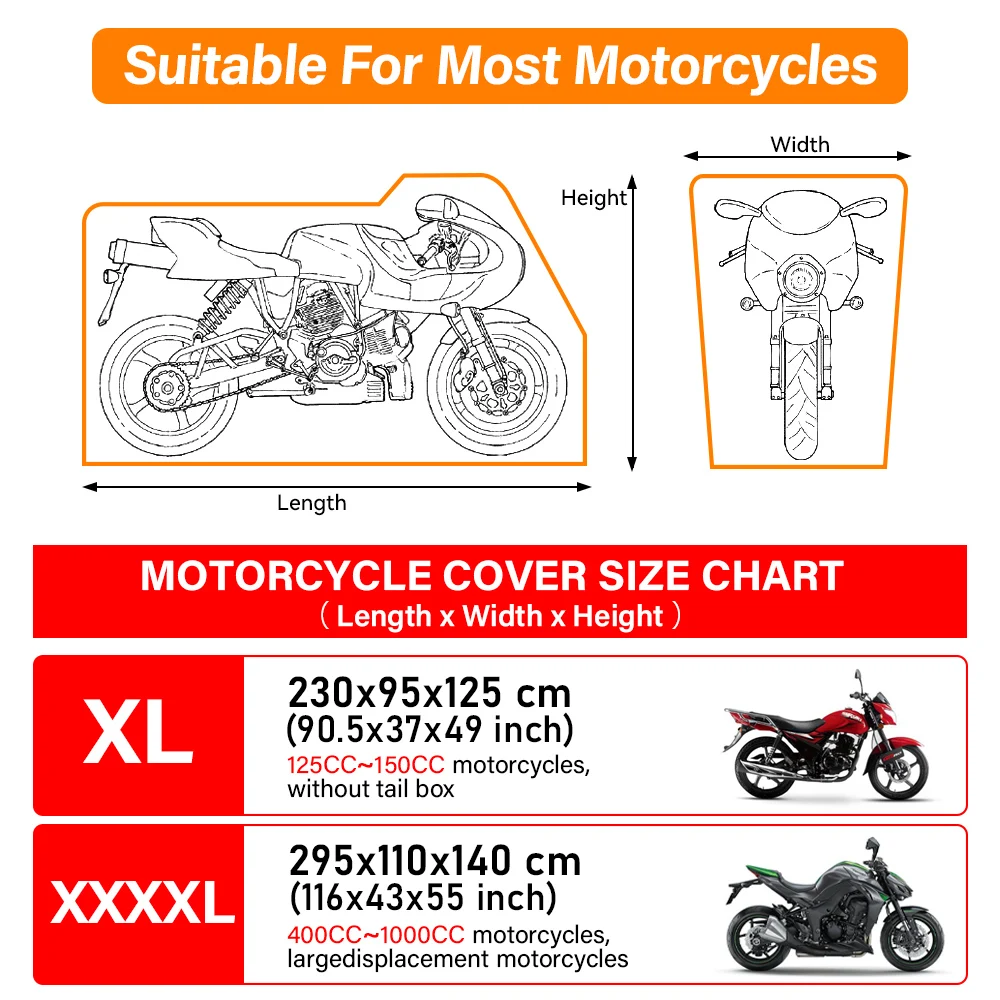 XXXXL ผ้าคลุมมอเตอร์ไซค์กลางแจ้งในร่ม, 190โพลีเอสเตอร์กันแดดกันฝนกันน้ำกันฝุ่นเคสป้องกันแสงแดด