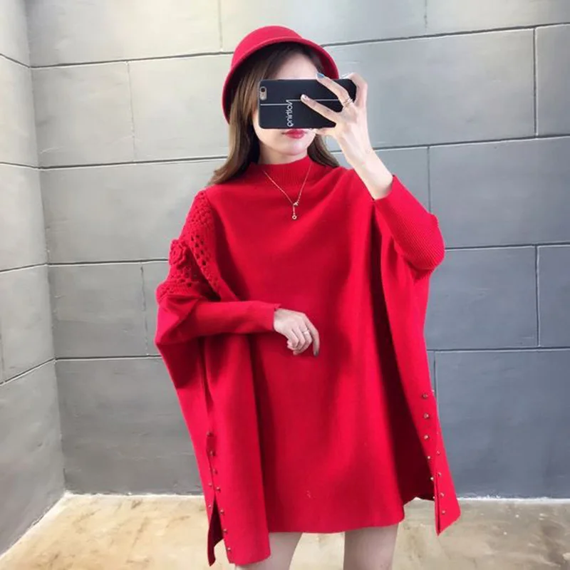 

2024 Autumn And Winter New loose Large size Thin Mock Neck Knitting Stage Shirt Women's Solid Color Sweater Hollow Cloak Jacket