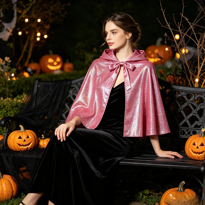 Iridescent Hooded Cape Cloak Tie Closure Party Costume Cape for Women Girls Cosplay Stage Dressy Wrap