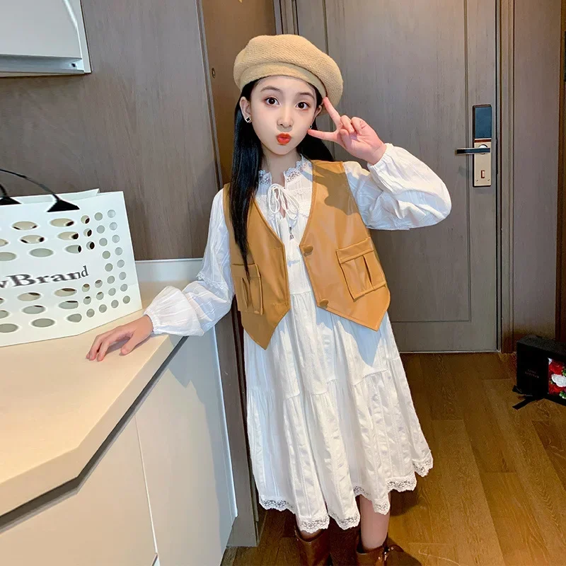 Korean Spring Autumn Children Girl 2pcs Suit Junior Girl Lace One-piece Dress+Single-breasted Leather Vest Set For Girl 4-12Yrs