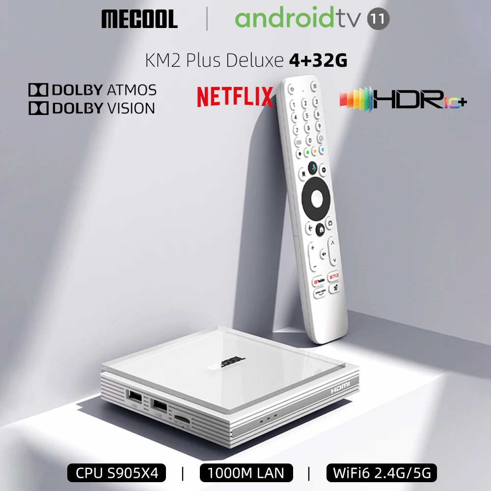 MECOOL TVBox Android 11 مع Google Netflix Dolby Atmos Dolby Vision معتمد 4GB 32GB HDR10+ 4K 2.4G/5G 1000M صندوق البث