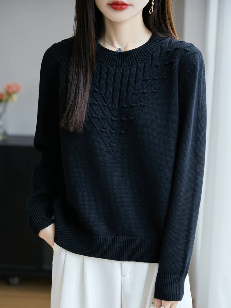 Thiened malhas de algodão puro de sete agulhas redondas ne suéter solto feminino casual sle longo sve outono primavera inverno top