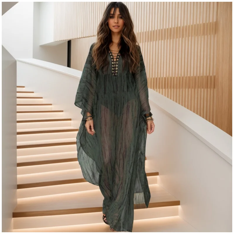 Boho Chic – caftan de plage transparent pour femmes, fantaisie, à lacets, col en v, Maxi, Cover-Up, fluide, vêtements de plage d'été