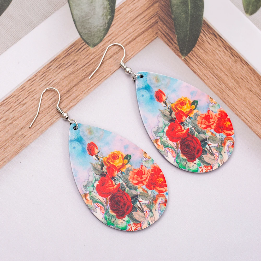 Fashion Water Drop Relievo Printing Rose Flower Acrylic Women\'s Earrings Trend 2025 Retro Style Aesthetic Elegant Girls Jewelry