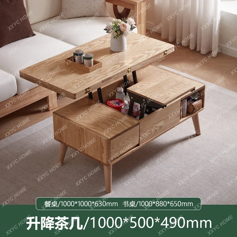 Table basse relevable entièrement en bois massif personnalisable HH, transformable en table à manger, meuble de salon double usage