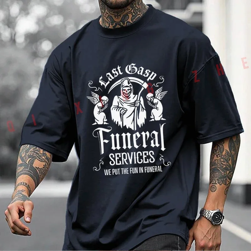 Last Breath Funeral Service We Add Enjoyment To Funerals Moto Men's Summer Cotton T-shirt Short Sleeved Casual Round Neck Tops