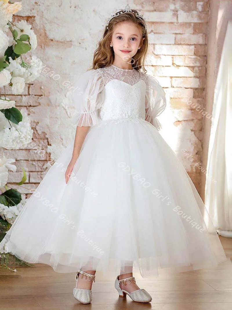 Ivoor Kant Bloemenmeisje Jurken voor Bruiloft Pure Hals Ballon Mouw Optocht Communie Jurk Aangepaste Kinderen Enkellange Feestjurk