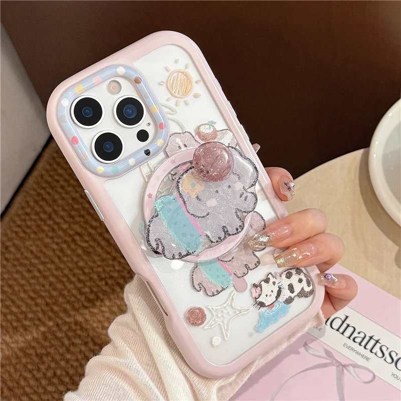 

Cute Cartoon Animal Magnetic Phone Case For iPhone 16 Pro 15 13 12 14 Pro Max Back Cover with Magsafe Stand Holder Cases Funda