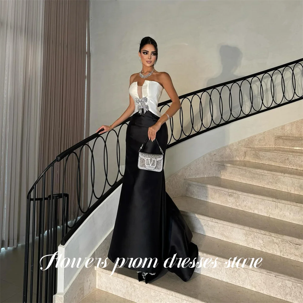 

Flowers Black Exquisite Party Dresses Deep V Neck Mermaid Evening Dresses with Crystal Bow فساتين السهرة Customized