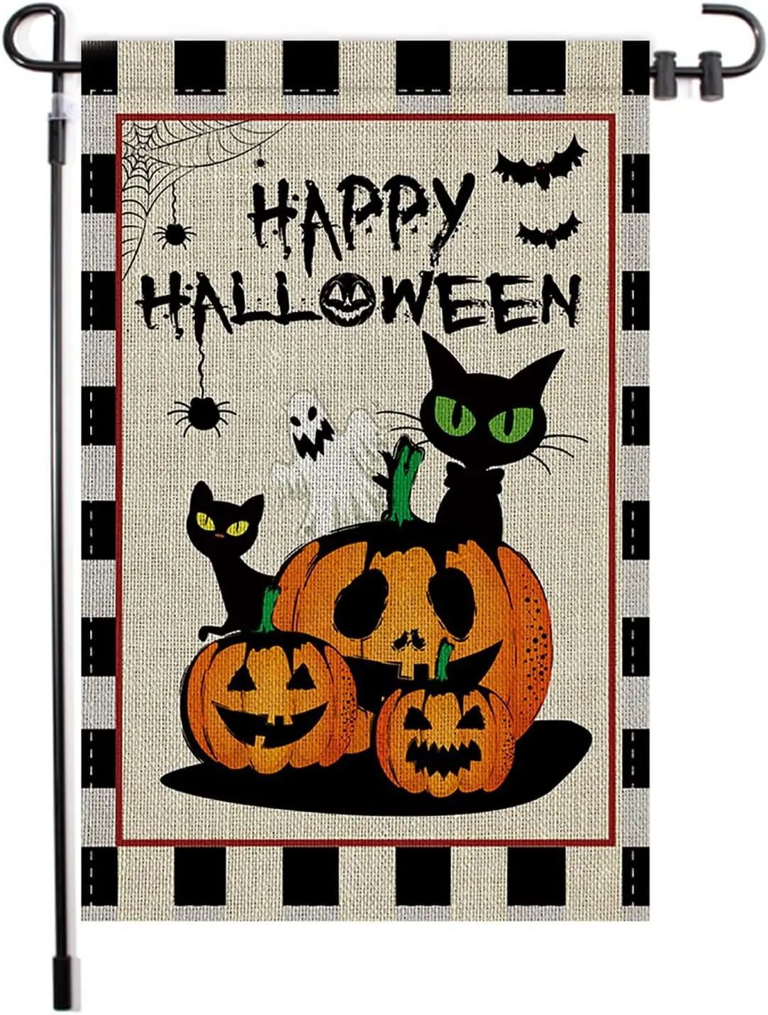Happy Halloween Garden Flag, Cat Ghost Pumpkin Garden Flags 12x18 Inch Small Double Sided Burlap for Holiday Seasonal Welcom KZA