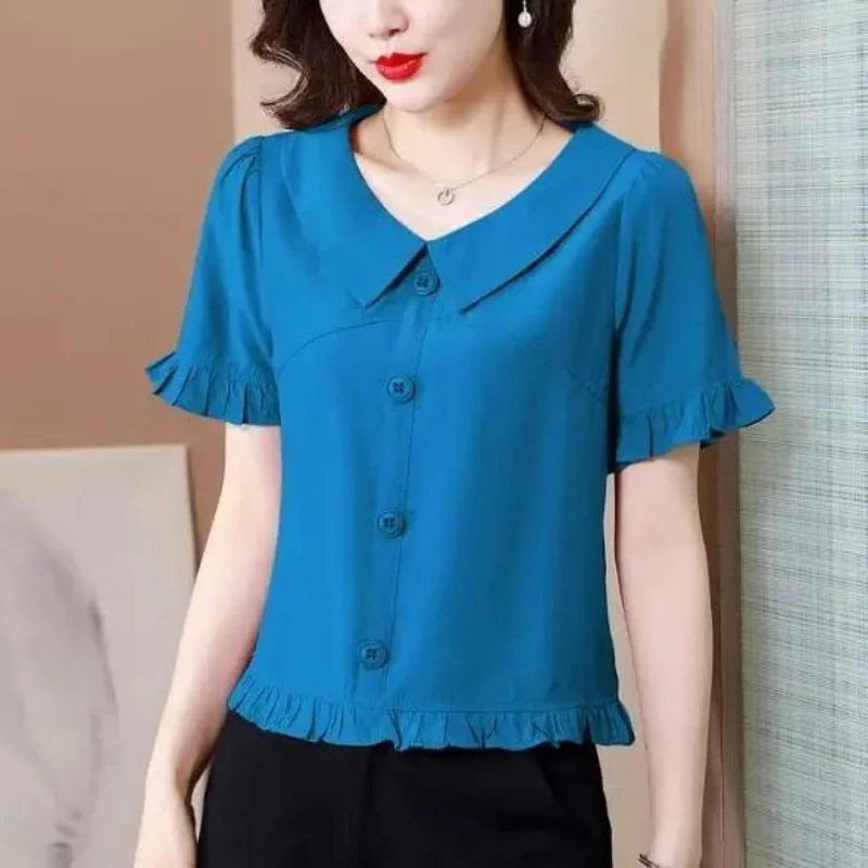 Blusa corta plisada para mujer, camisa de manga corta con botones, Color sólido, combina con todo, moda informal, Verano