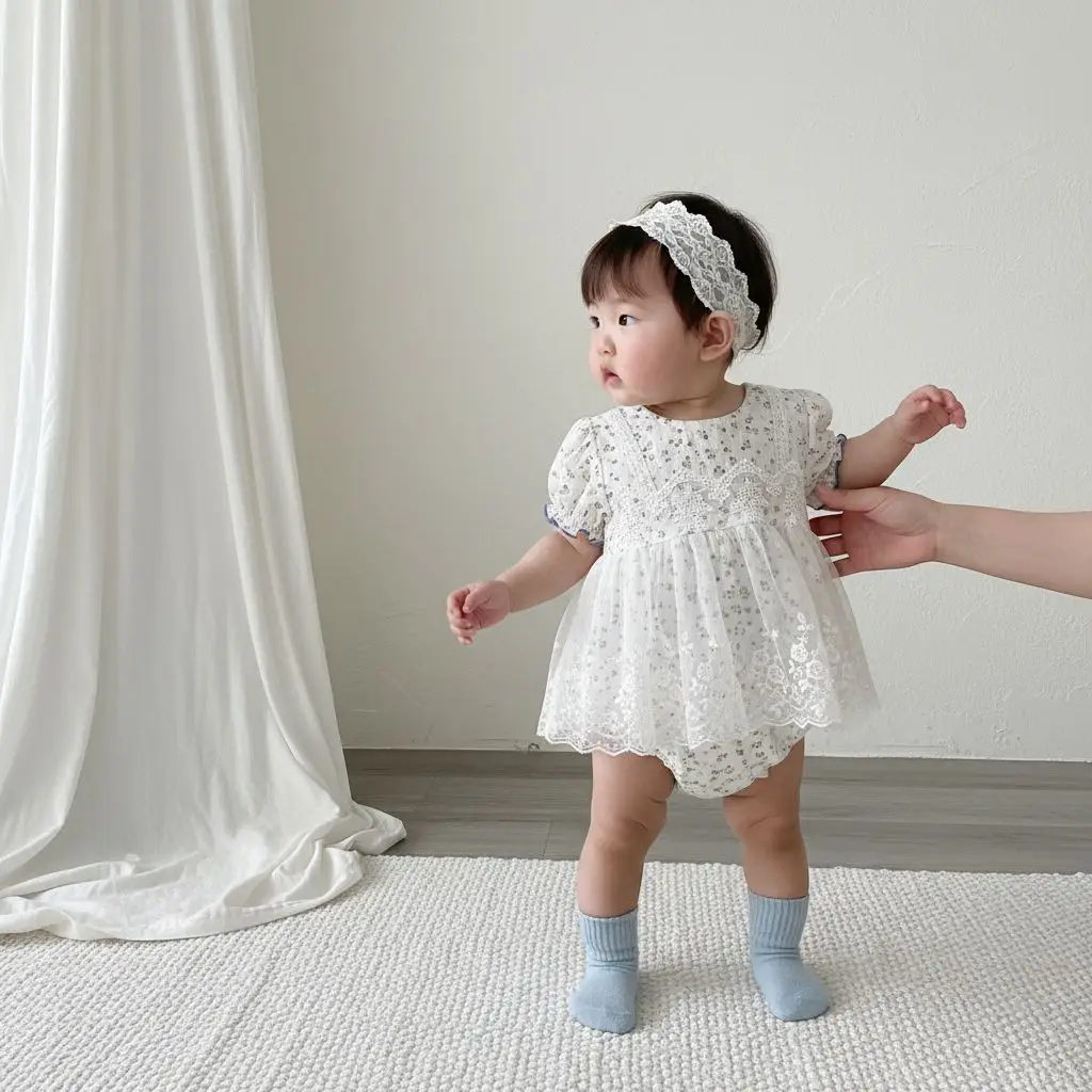 INS Summer Thin Baby Bag Fart Clothes for Baby Girls, Short Sleeved Lace Floral Ha Clothes, Newborn One Year Old Princess Dress