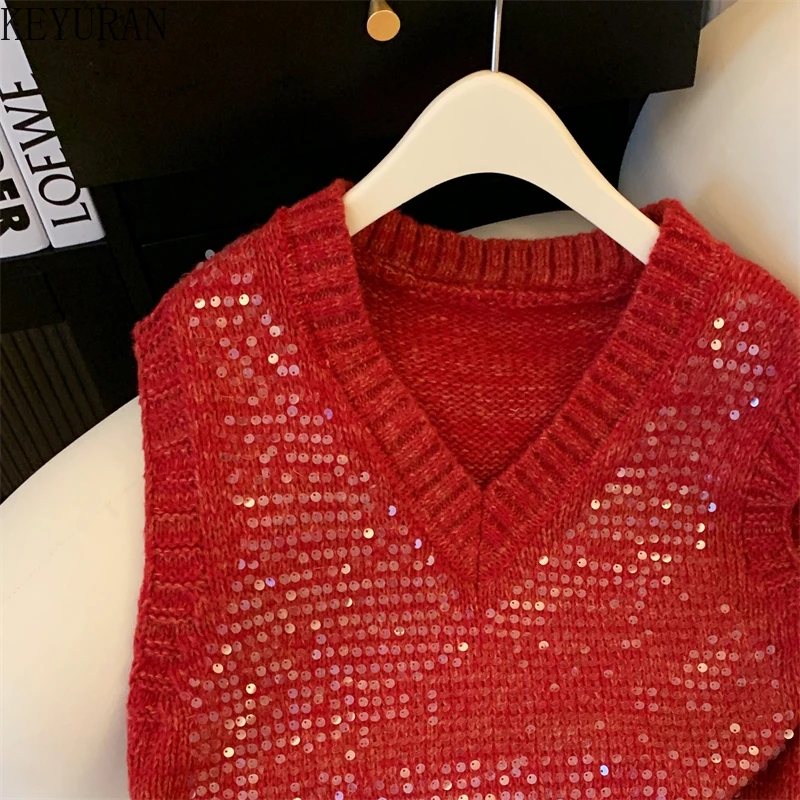 Spring Sequins Sleeveless Knit Vest Women Spring Fall Korean Fashion V-neck Pullover Sweater Vests Jumper Knitwear Tank Crop Top