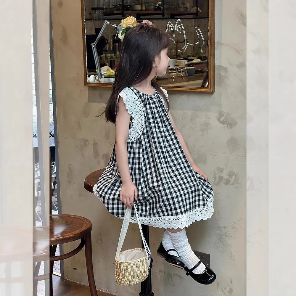 Girls' Dress Summer Outfit New Casual Round Neck Plaid Lace Vest Princess Fashion and Temperament Kids Dress