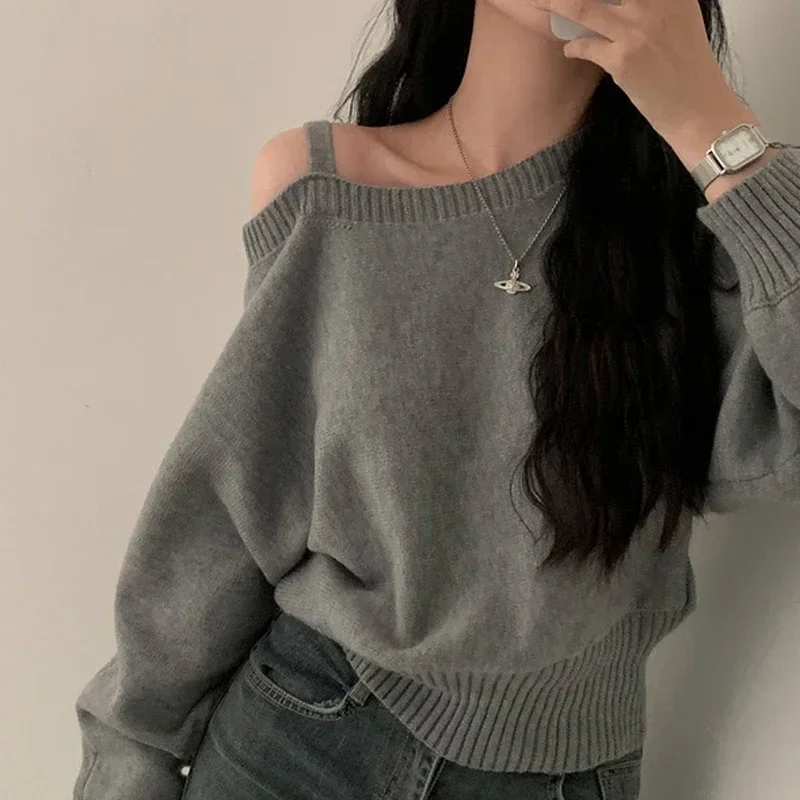 Korean Series Off-the-Shoulder Knit Sweater for Women Loose All-Match, Long Sleeve Sneaky Design Sloping Shoulder Short Base Top