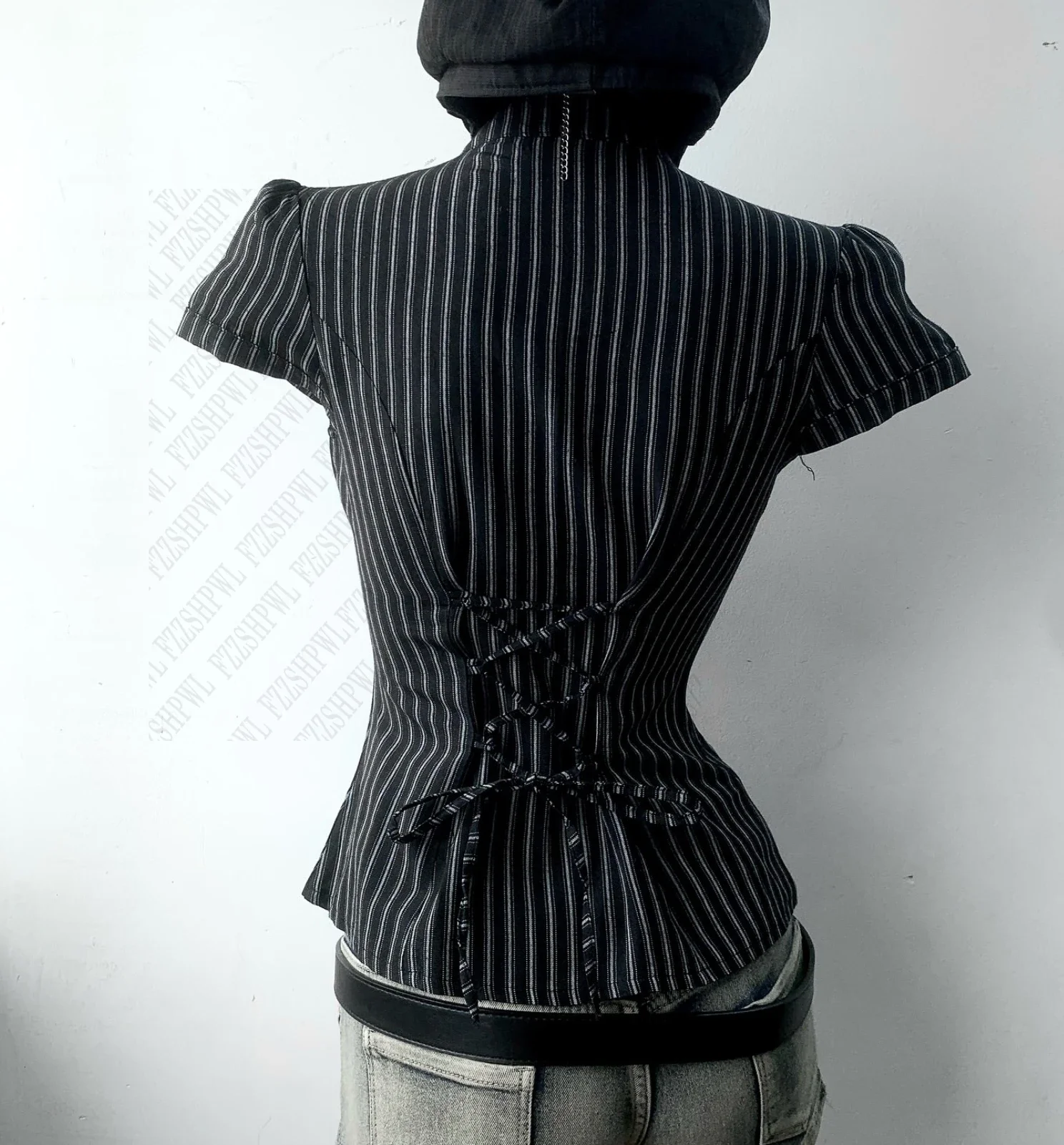 Y2K Stripes Slim T-shirt Women Short Sleeve Lace Up Punk Tide Deep V Neck Goth Aesthetic Harajuku Classic Hot Singlet Mature Top