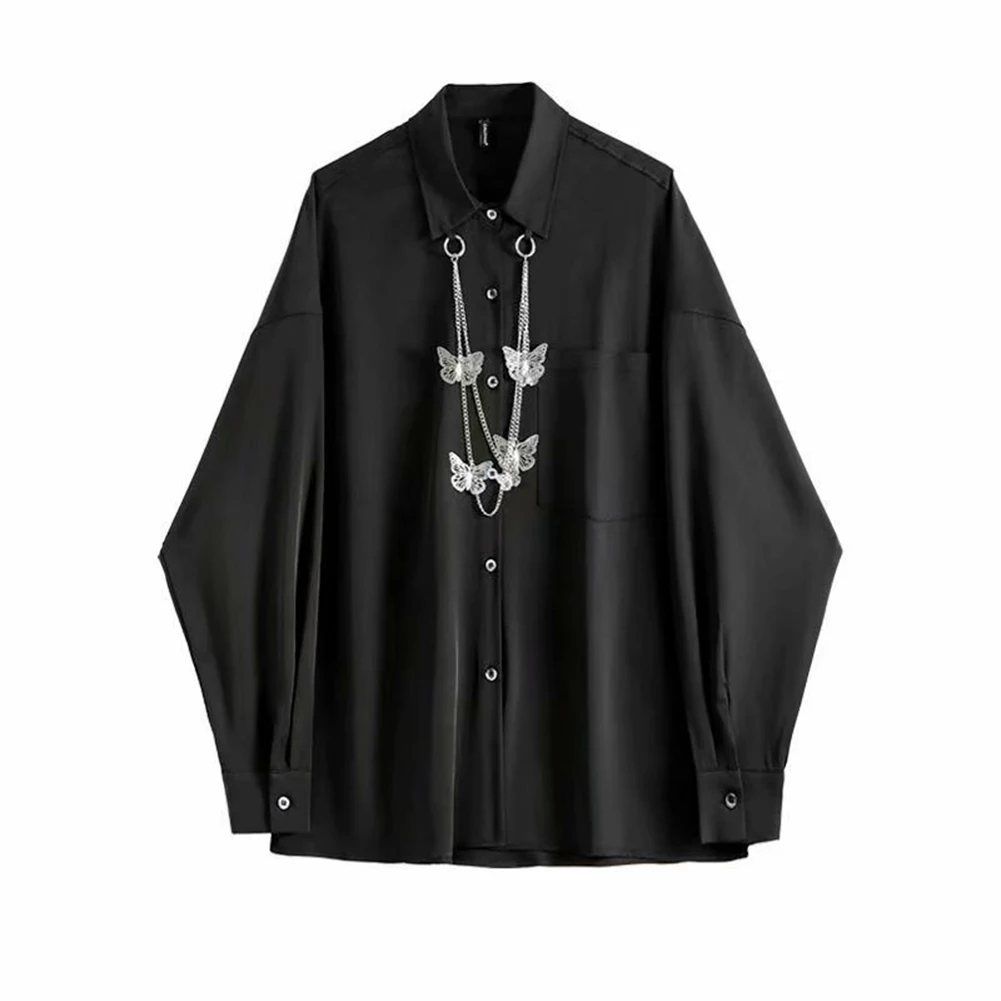 M-2XL Loose Men Polyester Regular Shirt Solid Color Summer Trendy Asymmetrical Daily Lapel Long Sleeve Fashion