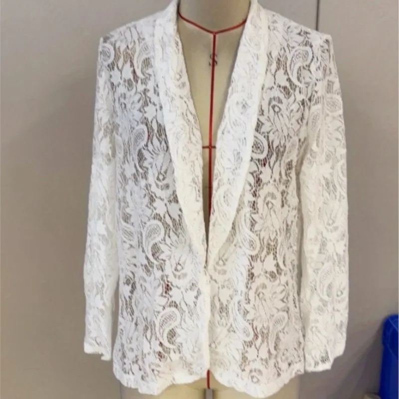 Summer Elegant Ladies Thin Lace Suit Coat 2025 Autumn Solid Color Long Sleeve Jacket Women Flower Hook Perspective Shirt Coats