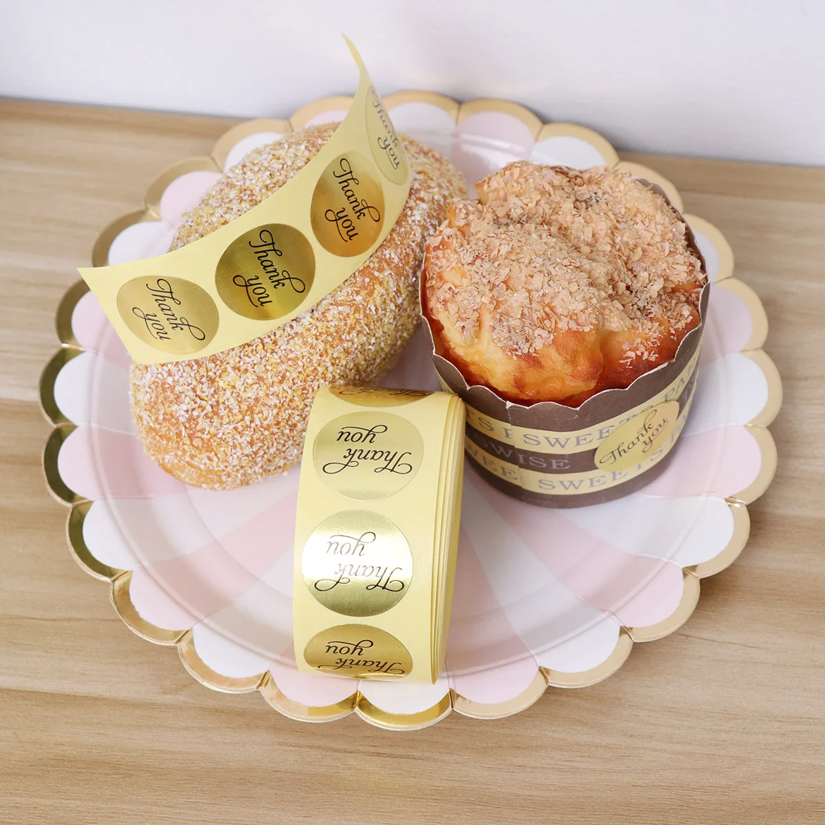 1 Roll Round Adhesive Labels Golden Hand Writing Thank You Cookie Bags Candy Bags Stickers Baking Packaging Decoration Seal