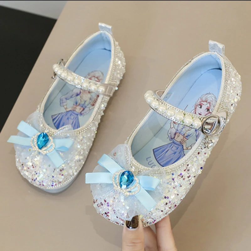 Disney Children\'s Shoes Frozen Elsa Girls Princess Shoes Fashion Shiny Sequined Pearls Kids Soft Bottom Sandals Outdoor Shoes