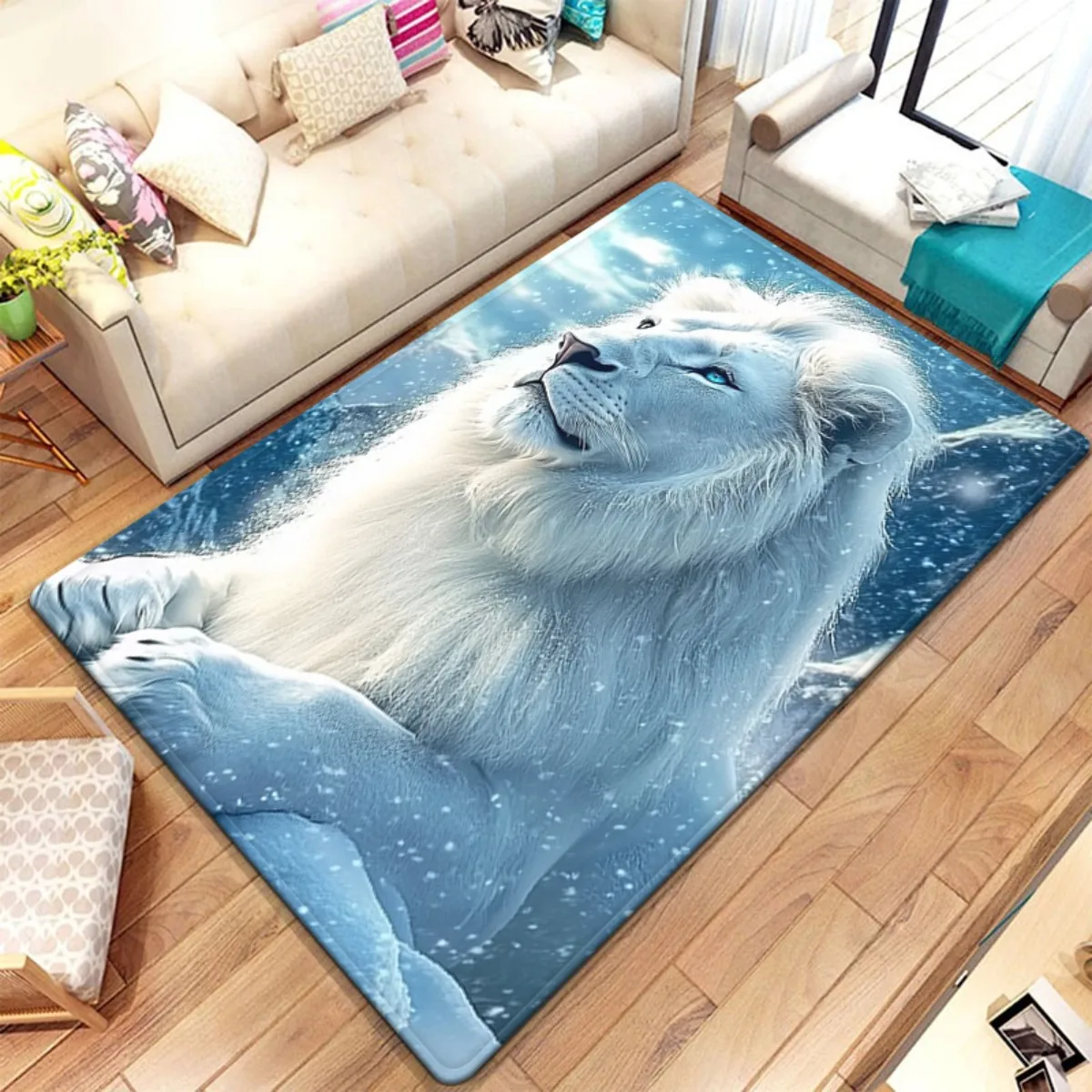 Luxury Snow Lion Area Rug Blue Abstract Print Home Decor Carpet Mat for Living Room Bedroom Modern Accent Floor Covering Gift