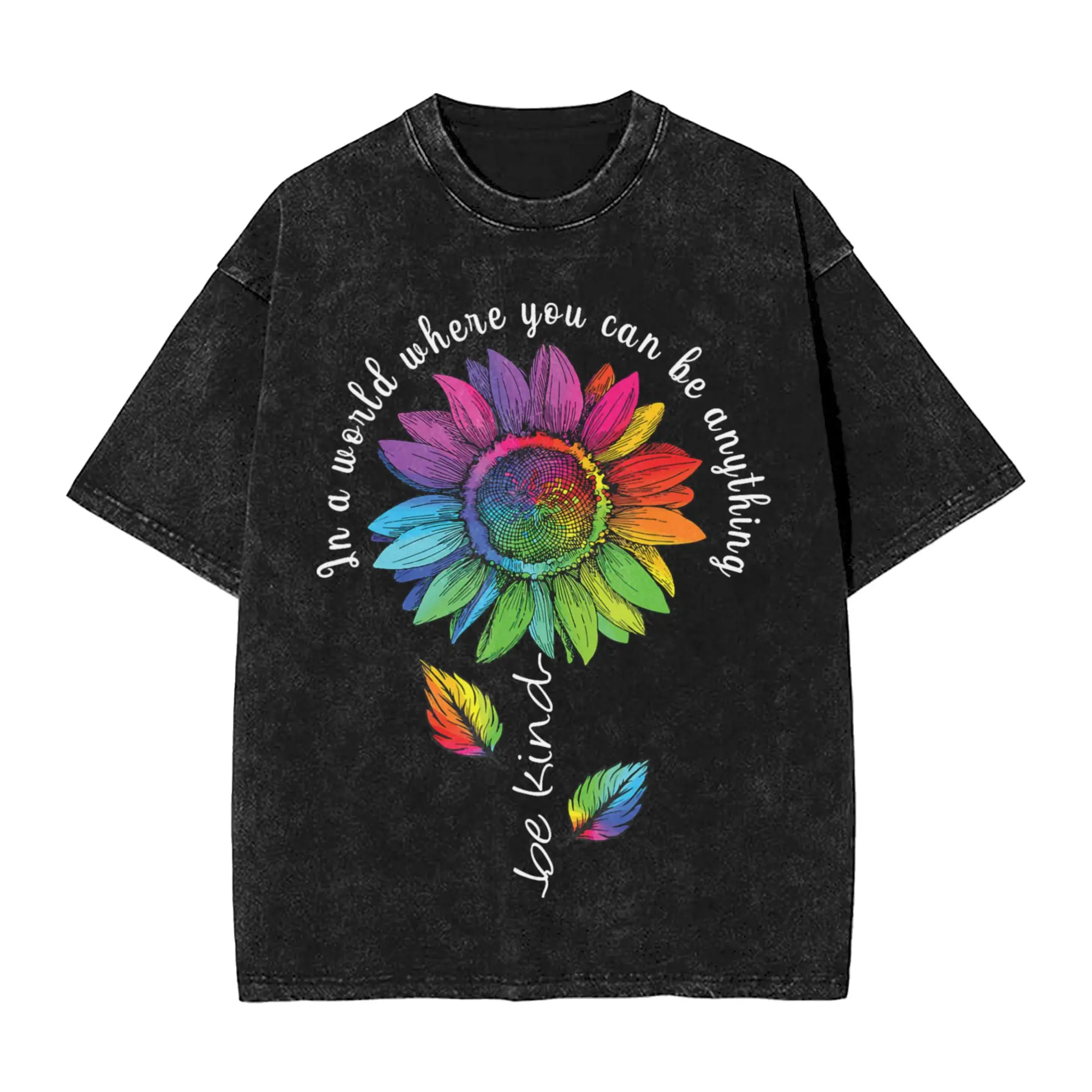 LGBTQ Rainbow Sunflower  Washed T Shirt Hip Hop T-Shirt Be Kind Gay LGBT Pride Tees Tops for Men Women Cotton Oversize Graphic