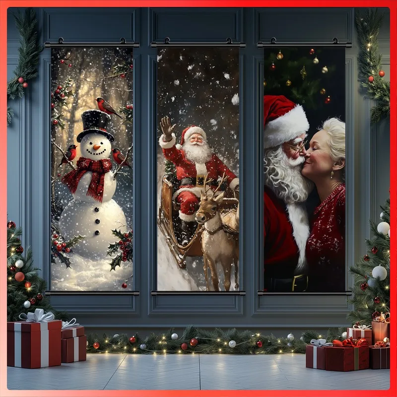 VIKAMA 3PCS Christmas Hanging Banner Set, Snowman Santa Reindeer Night Doorway Wall Tapestry for Xmas Entryway Decor