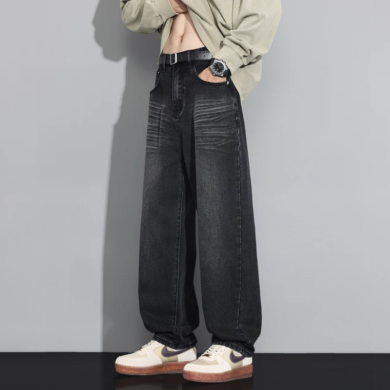 Calças de brim do vintage dos homens outono nova lavagem moda personalidade em linha reta calças casuais coreano streetwear masculino calças jeans
