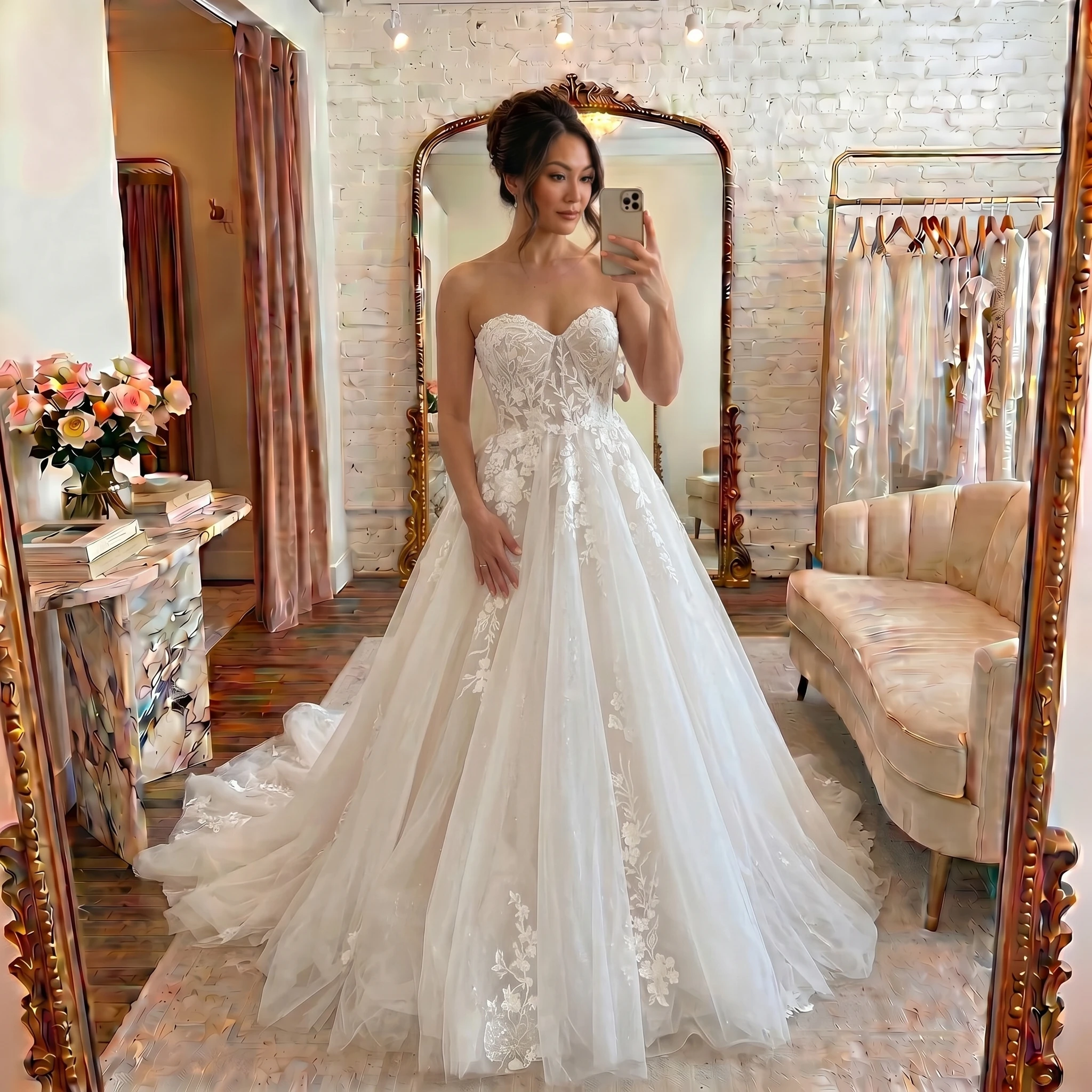 Lace A-Line Wedding Dress Floral Appliques Sparkly Tulle Skirt Sweep Train Bridal Gown Custom Ivory Vestido De Novia