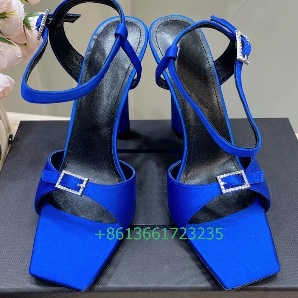 2025 Women New Style Sandals Square Toe Stiletto Heel Shoes Square Buckle Crystal Bling Bling Sandals Summer Shiny Sexy Pumps