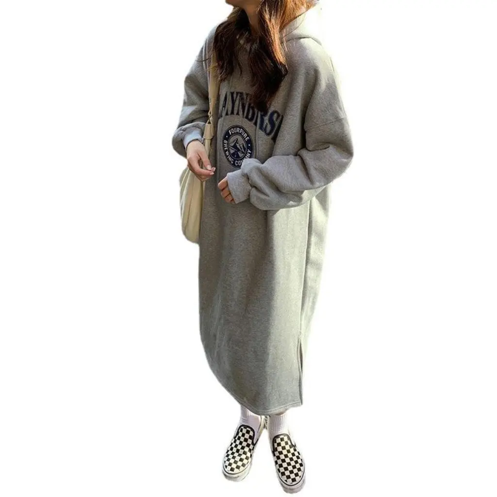 여성용 플리스 안감 두꺼운 무릎 위 길이 후드 스웨트셔츠 드레스 가을 겨울 홍콩 스타일 레트로 스플릿 롱 드레스