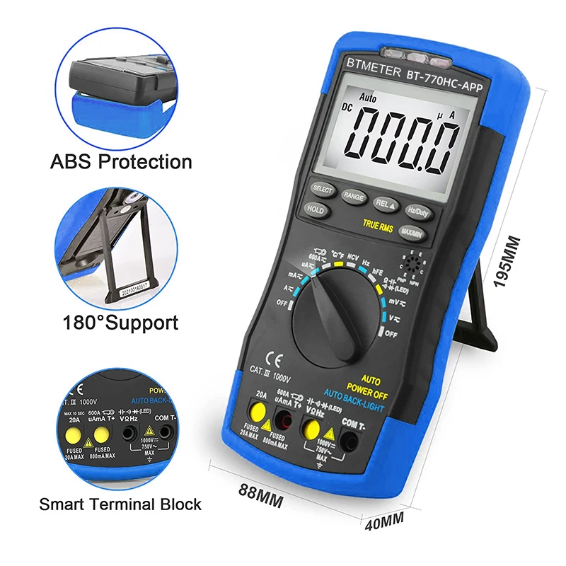 BTMETER Multimetr cyfrowy True RMS 6000 zliczeń Automatyczny zakres napięcia AC/DC Prąd z aplikacją Bezprzewodowy Bluetooth BT-770HC-APP