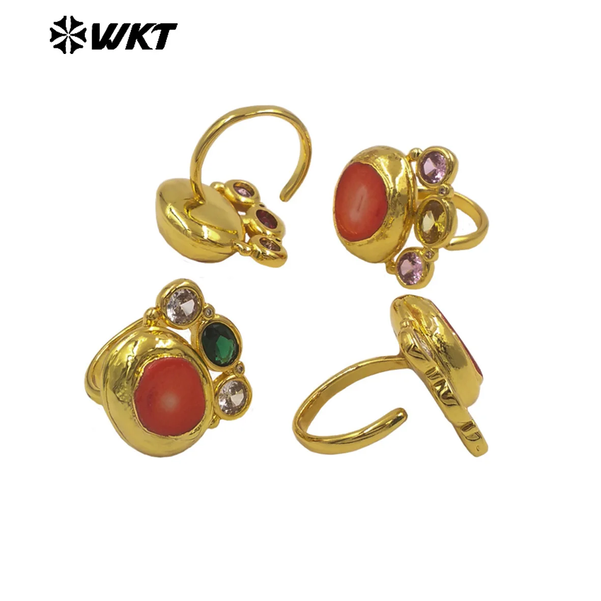 

Кольцо для женщин WT-MR041 с позолотой 18K, устойчивое к потускнению, с натуральным красным кораллом и разноцветными кубическими циркониями, регулируемое.