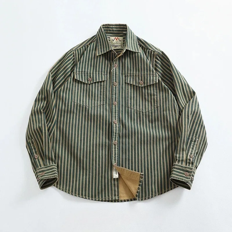 

Retro Waed Distred Blue Vertical Stripe Trendy Denim irt Men's Loose American Long Sve Workwear irt Coat