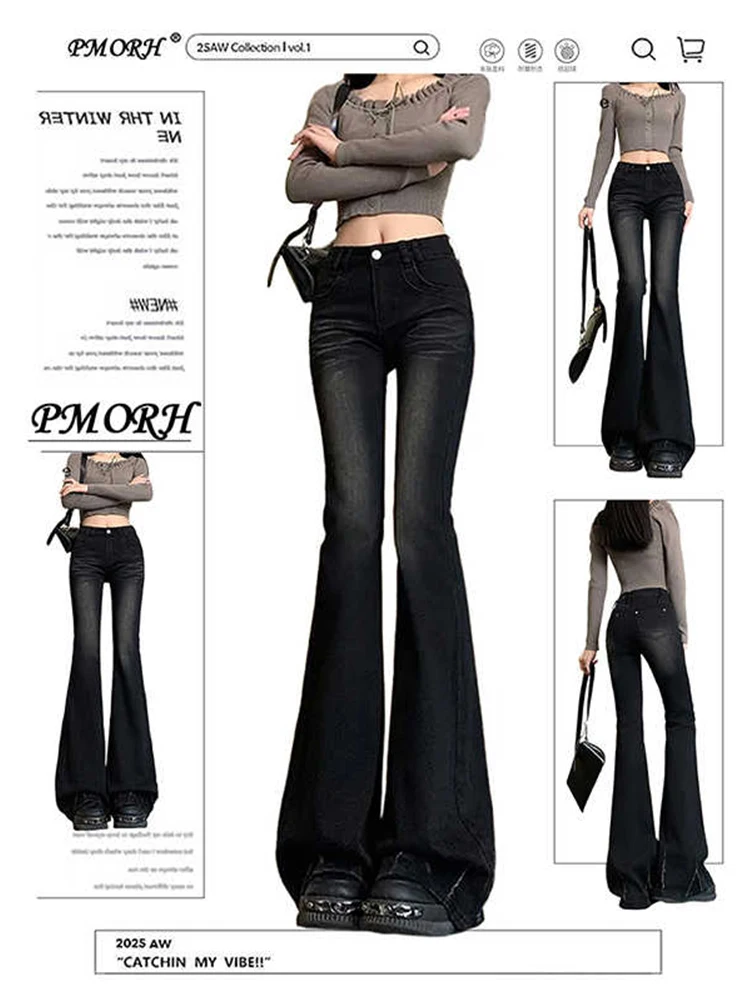 

Женские американские ретро-джинсы с высокой талией, черные, расклешенные, в стиле Dark Academia, джинсовые брюки, длинные штаны, в японском стиле Y2K, ковбойские, в стиле High Street, новинка
