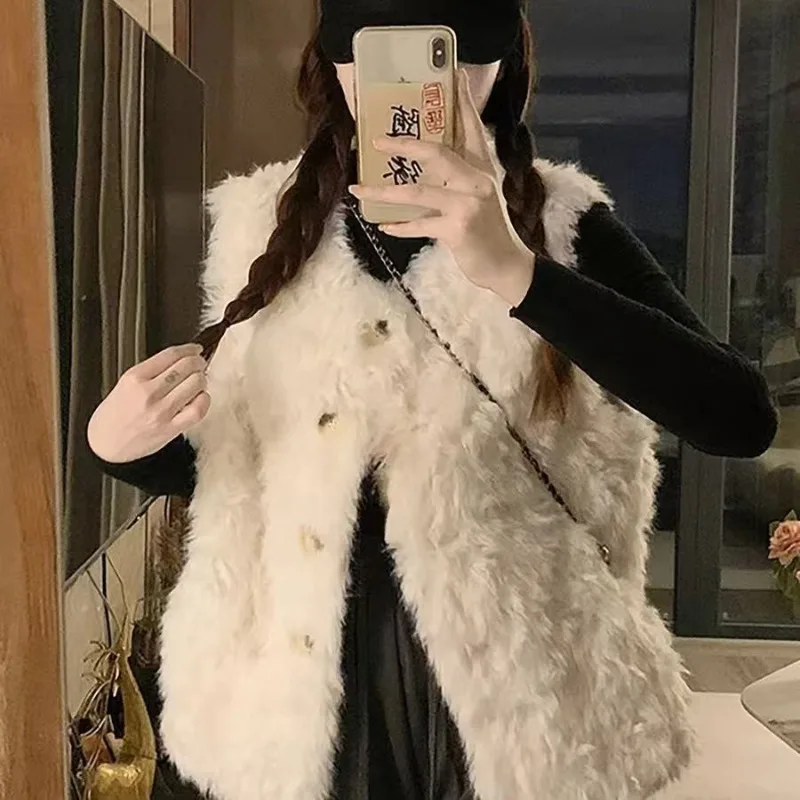 Women's 2026 Winter Korean Faux Shearling Fur Vest Sleeveless Jacket Thick Warm Elegant Chic Coquette Trendy Top Outerwear