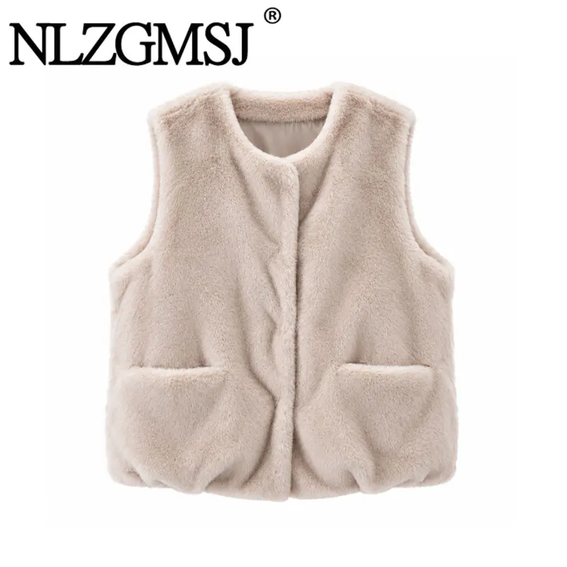 Nlzgmsj 2026 Autumn Winter Women Faux Mink Fur Vest Round Neck Sleeveless Snap Button Warm Waistcoat Casual Loose Lady Outerwear
