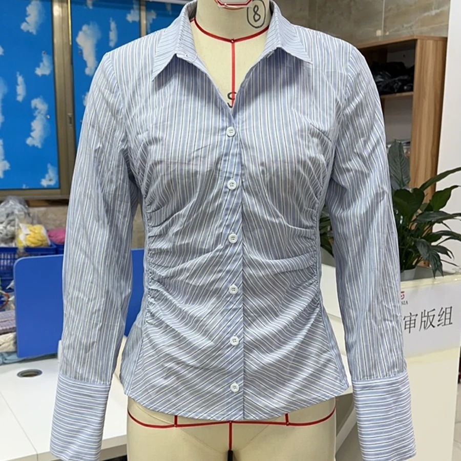 

Women Striped Turn Down Collar Blouse Side Ruched Long Sleeve Collared Button-up Shirts Stylish Fall Streetwear