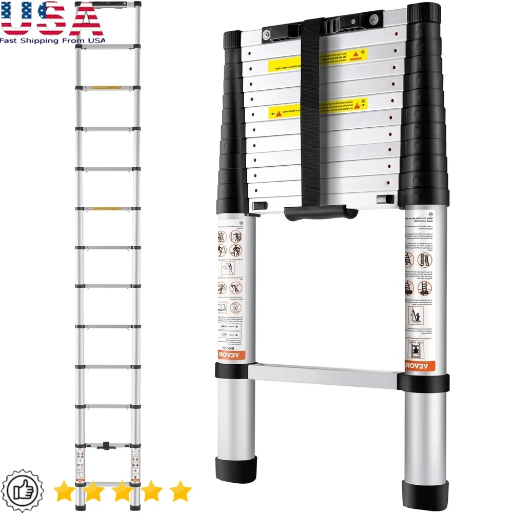 

Telescoping Ladder 10.5ft Lightweight Aluminum Alloy Non-Slip Feet One-Button Retraction Space-Saving Design 375lbs Capacity