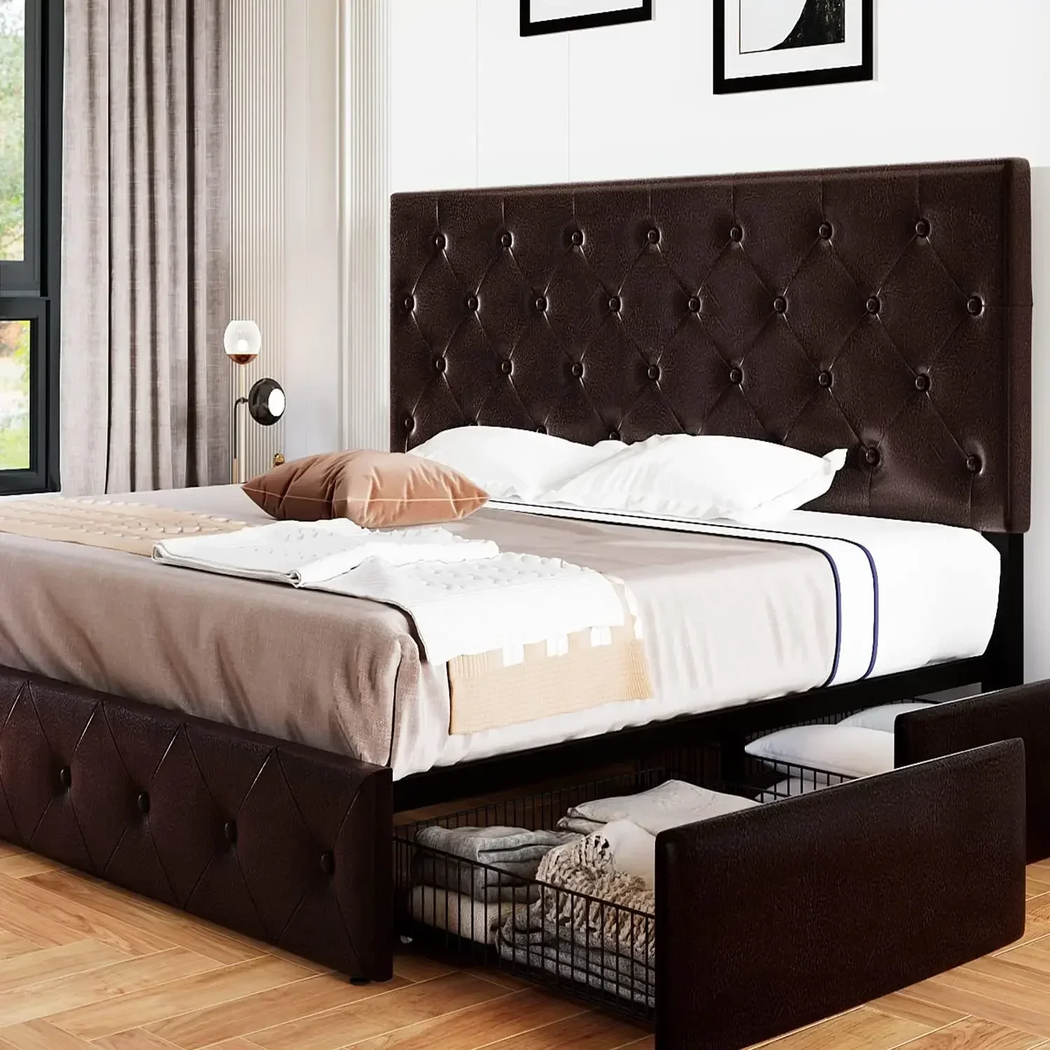 

A Furniture supplies Upholstered King Size Platform Bed Frame with 4 Storage Drawers and Headboard, Diamond Stitched Butto