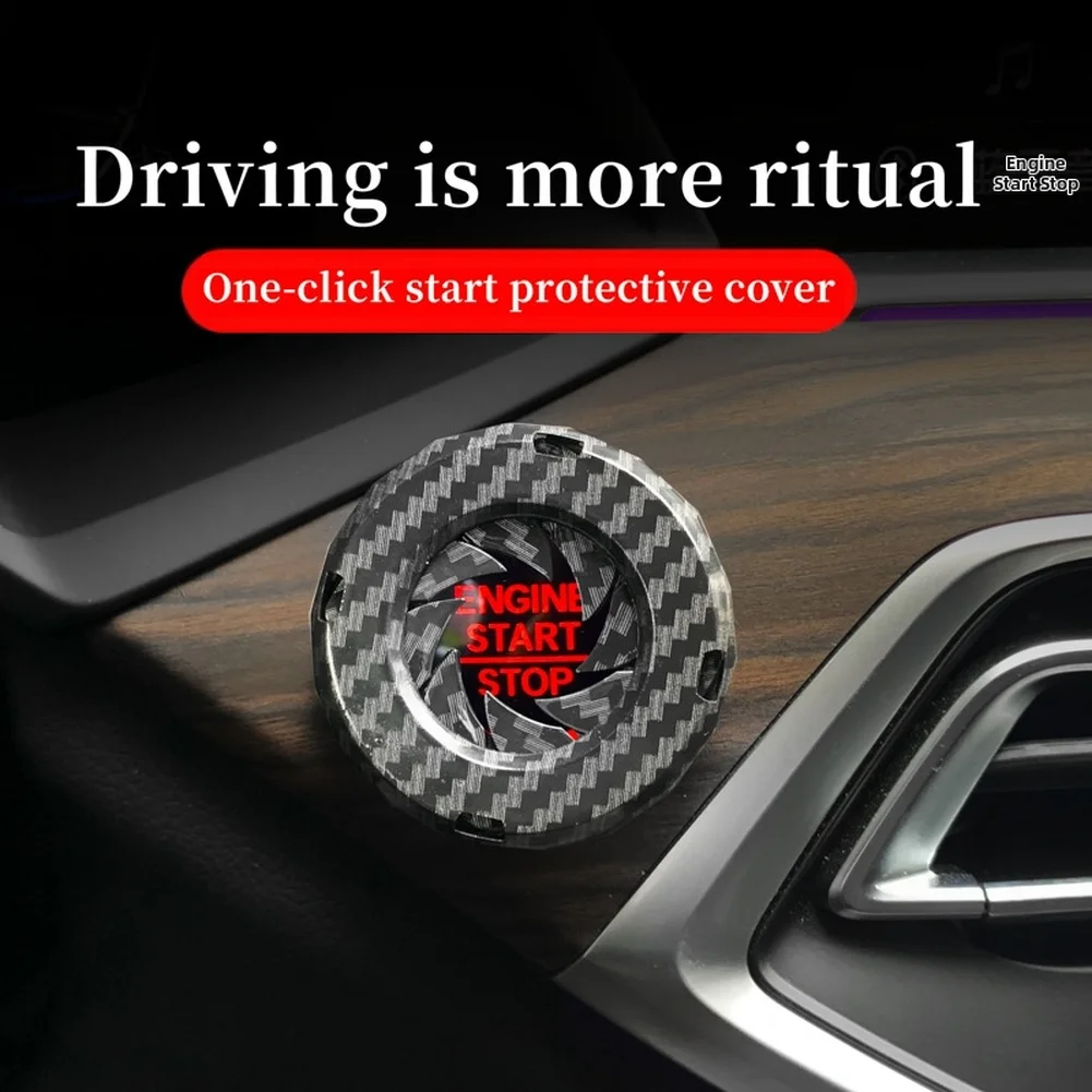 Car Engine Start Stop Button Cover with Carbon Fiber Texture and Rotary Switch Guard Ring for Durable Ignition Protection