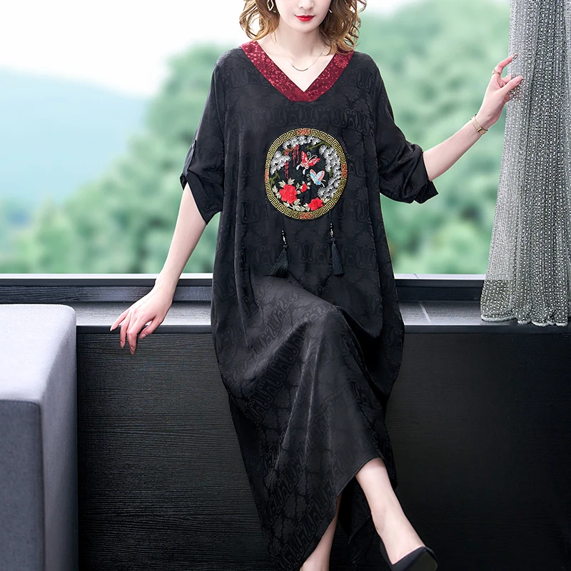 

Women Black Print Mulberry Silk V-Neck Midi Dress Spring Summer Fashion Tassel Elegant Dress 2024 Korean Vintage Dresses