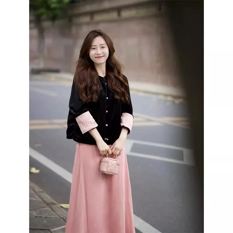 Autumn Winter Outfit Set Beautiful New Chinese Style National Wind Buttoned Overcoat half-length Skirt two-piece Tangsuits Top